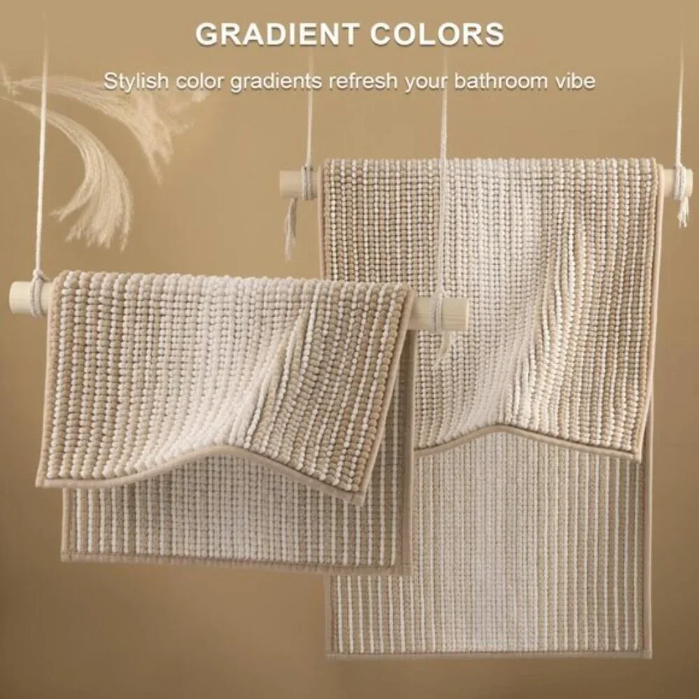 New 2-Piece Beige Bath Rug Set, Absorbent Non-Slip Chenille Mats for Bathroom